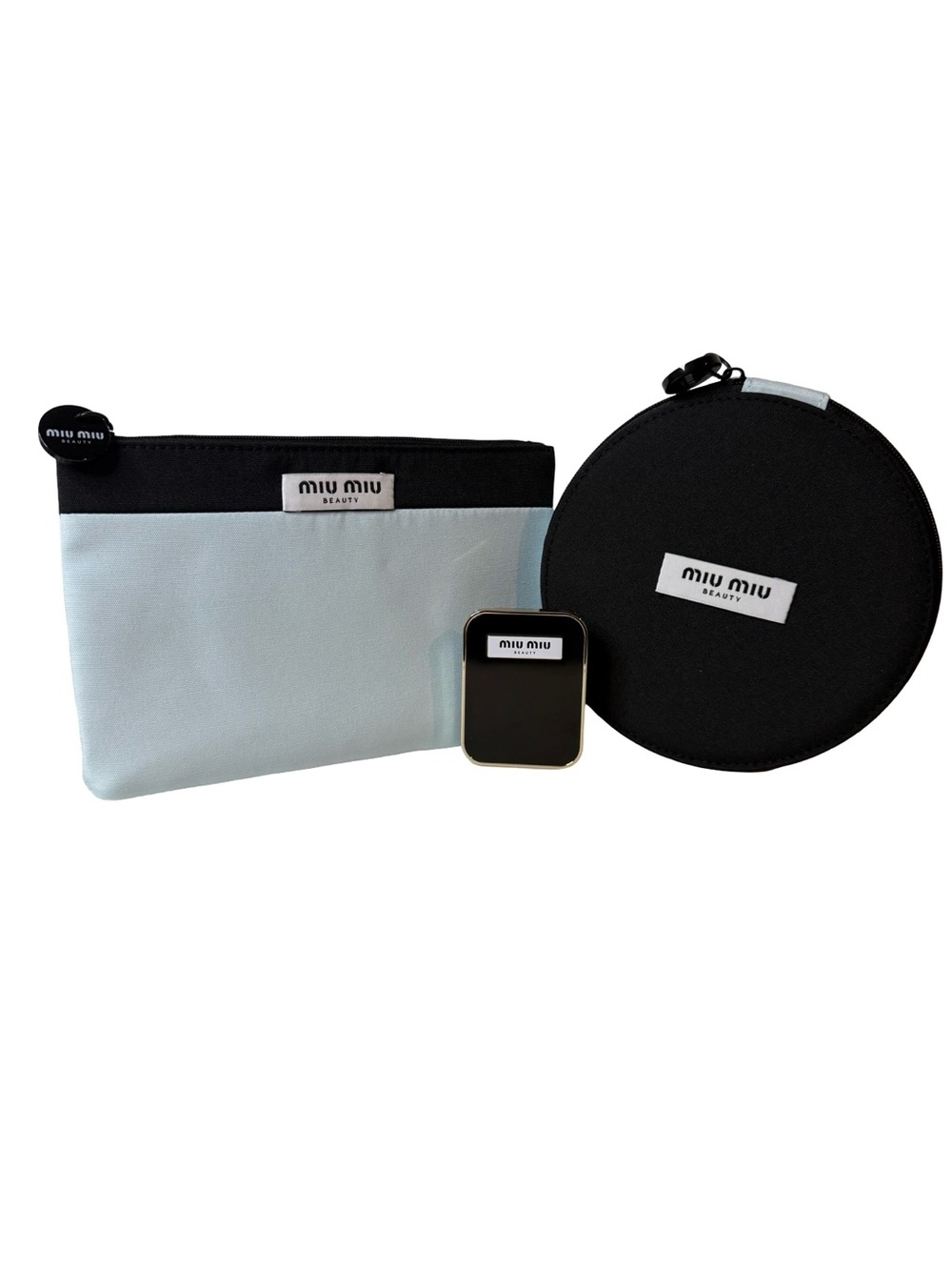 Miu Miu Two-Tone Black and Light Blue Cosmetic Pouch 3 pc set. GWP